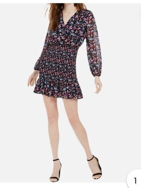 Floral Smocked Long-Sleeve Mini Dress - Black/Pink